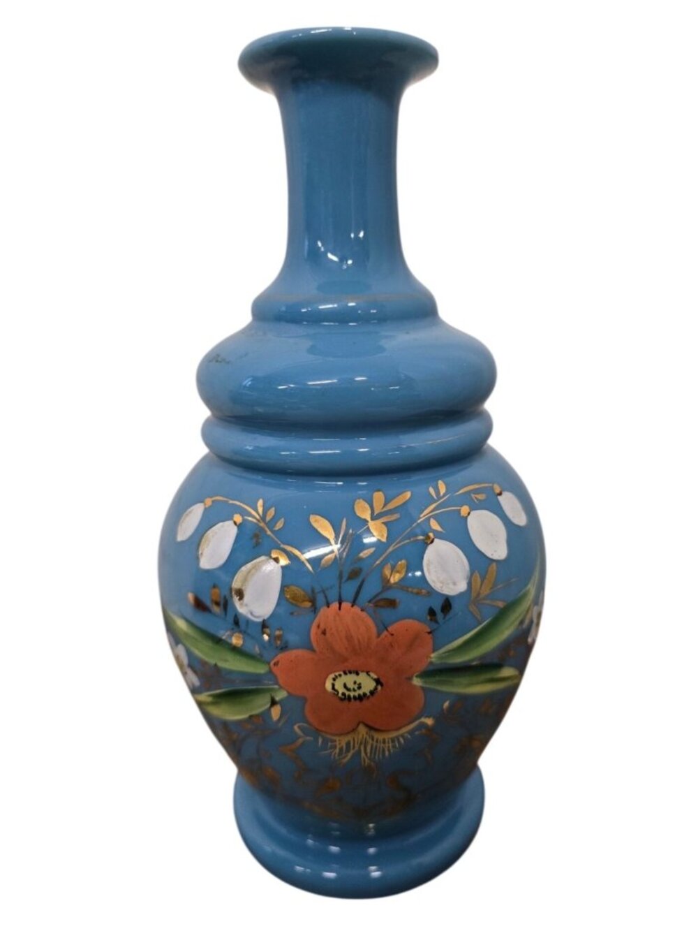 8" Vintage Hand-Painted Blue Floral Vase Blown Glass Pontil Mark